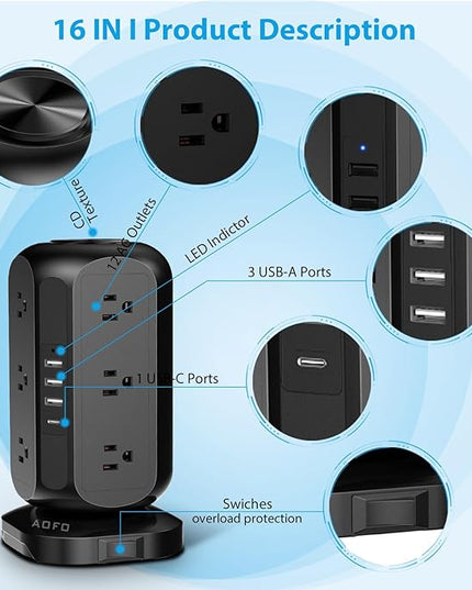 Power Strip Tower AOFO Surge Protector 12 AC Outlets with 4 USB(1 USB C) Ports Charging Station with Overload Protection, Widely Spaced Multiple Outlets with 10Ft Extension Cord for Home,Dorm & Office