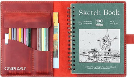 Robrasim Handmade Leather Sketchbook Cover, Leather Artist Sketch Pad Cover for 5.5" x 8.5" Sketchbook, Drawing Book and Pencil Case, Journal Notebook Portfolio, Artis Gifts-Wine