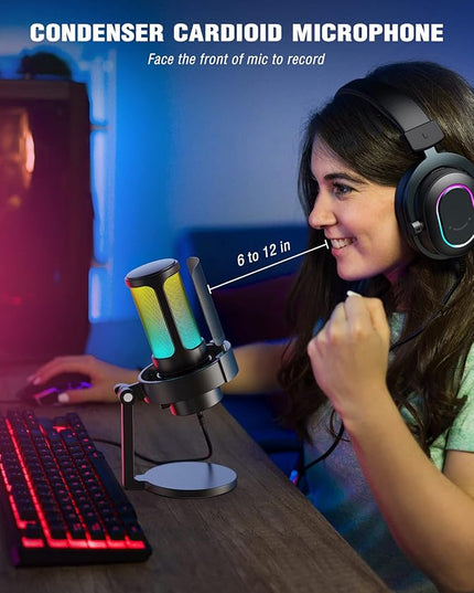 FIFINE Gaming Microphone, USB PC Mic for Streaming, Podcasts, Recording, Condenser Computer Desktop Mic on Mac, with RGB Control, Mute Touch, Headphone Jack, Pop Filter, Stand-AmpliGame A8