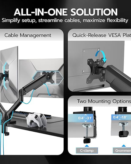 ARES WING Dual Monitor Mount, Heavy Duty Monitor Arms for 2 Monitors for 17-35 Inch, Fully Adjustable Monitor Desk Stand with USB A/C for Ultrawide Screen, VESA 75x75 or 100x100mm, Black