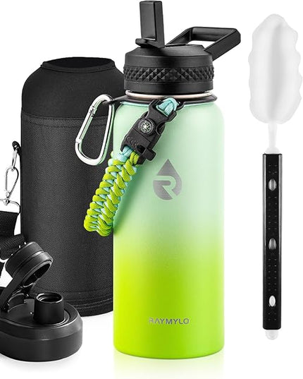 Insulated Water Bottle 32 oz, Triple Wall Vacuum Stainless Steel (Cold for 48 Hrs), Leak Proof & Non-BPA, Modern Water Flask Jug with Paracord Handle & Straw Spout Lids, Ombre Green