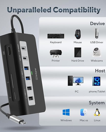 P9 USB C Hub, INTPW 9-in-1 USB Multiport Adapter with 4K HDMI, PD 100W, USB-C and 2 USB A 3.0 5Gbps, 2 USB A 2.0, SD/TF Card Reader, Aluminum Powered USB Hub for PC, iPhone 16/15 Series, MacBook, iPad