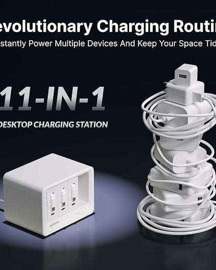 Gitryin 11-in-1 Desktop Charging Station with 3 Retractable Wall Chargers, 40W USB-C Power Strip with 5 AC, 3 USB C, 3 Type-C 33.5in Cables, Extension Cord with 1020J Surge Protection for Home Office