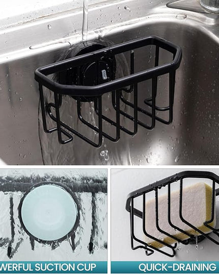 TAILI Sponge Holder for Kitchen Sink with Strong Suction Cup, Rustproof Aluminum Sink Caddy for Sponges, Brushes, Stoppers & Scrapers, Black