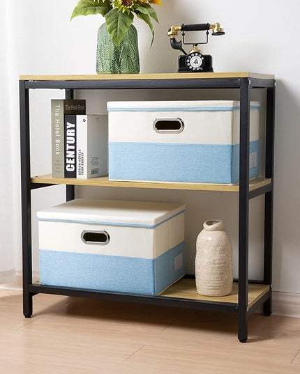 PRANDOM Large Foldable Storage Boxes with Lids [3-Pack] Fabric Collapsible Storage Bins Organizer Containers Baskets Cube with Cover for Home Bedroom Closet Office Nursery Blue&Cream(17.7x11.8x11.8)