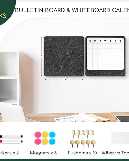 DOLLAR BOSS Felt Bulletin Board & Dry Erase Whiteboard Calendar Combo 2 Pcs 12" X 12" Magnetic White Board Cork Board for Wall Frameless Combination Board with Pins Wall Decor for Home School Office