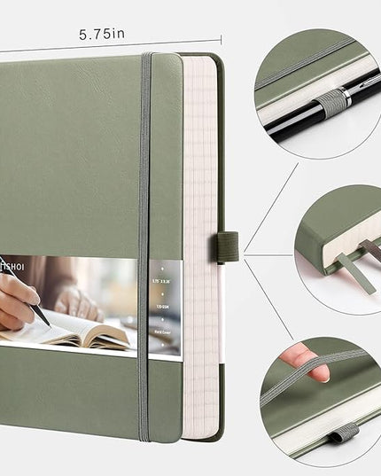 EMSHOI Graph Paper Notebook - 256 Pages A5 Graph Notebook/Journal, Hard Cover, 120gsm Thick Paper, Smooth PU Leather, Inner Pocket, 5.75'' × 8.38''- Olive Green