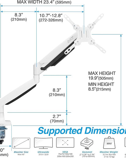 AVLT Single 17"-45" Monitor Arm Desk Mount Premium Mechanical Spring fits One Flat/Curved/Ultrawide Monitor Full Motion Height Swivel Tilt Rotation Adjustable, White