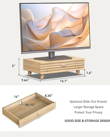 Bamboo Monitor Stand with Drawer - Desk Organizer with Cable Management & Storage, Ergonomic Laptop Riser for Home Office (220lbs Capacity, 15.7 inch ,Natural)