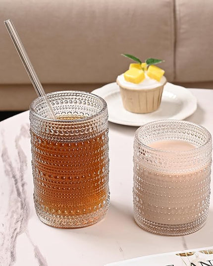 Vintage Hobnail Drinking Glasses Set of 8,Clear 12 oz & 15oz Highball Glass Cups, Kitchen Drinkware Glassware,Embossed Water Tumbler,for Beer,Cocktail,Whiskey,Juice and Various Mixed Drinks