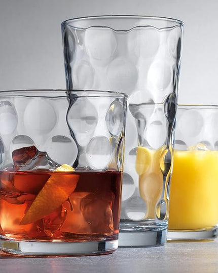 Home Essentials & Beyond Glassware Set 18 Piece Mixed Drinkware Set. 6 Highball Tumblers-17 oz., 6 Rock Whiskey-13 oz., and 6 Juice-7 oz. All Size Glass Cups Drinking Glasses. (Design on Inner Glass)