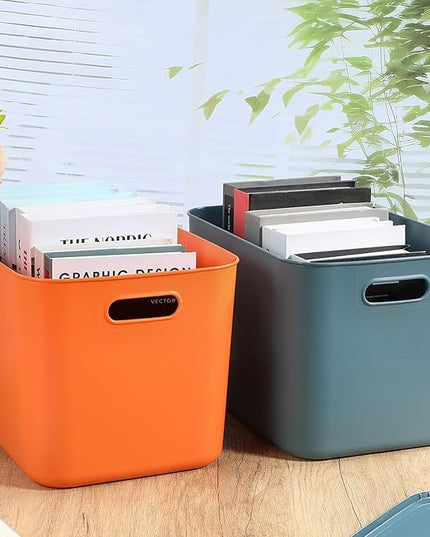 Hoolerry 8 Pieces Colorful Storage Bins with Lid, Plastic Storage Basket Organizing Container Stackable Box with Handle for Shelves Desktop Playroom Office(14.2 x 10.2 x 9.5 Inch,Blue and Orange)