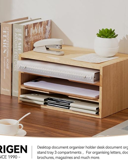KIRIGEN Wooden Desktop Organizer Paper Storage Letter Tray File Sorter - Desk Rack Magazine File Dividers Holders for Home Office Accessories Wood Desk Cabinet with 3 Layer Trays Natural(3KWJG-NA)