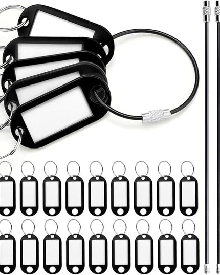 40 Pack Key Tags, Plastic Key Tags with Labels and Split Ring, 4 Keychain Cable and Key Labels for USB Drive, Bags and Luggage Organization - Black