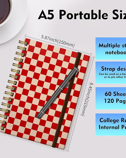 Spiral Journal Notebook, A5 Cute Notebooks for Women Men, College Ruled Hardcover Notebook for Work & Note Taking, 60 Pages Double-Wire Journals for Writing, Cute Red Checkered