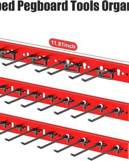 CCCEI 3 Modular Pegboard Strip Storage, Metal Peg Slat Wall Mount for Garage, Basement, Garden, Laundry Room Organization. Flexible Tool Organizer for Rake, Shovels, Crafting. Gifts for Men, Red.
