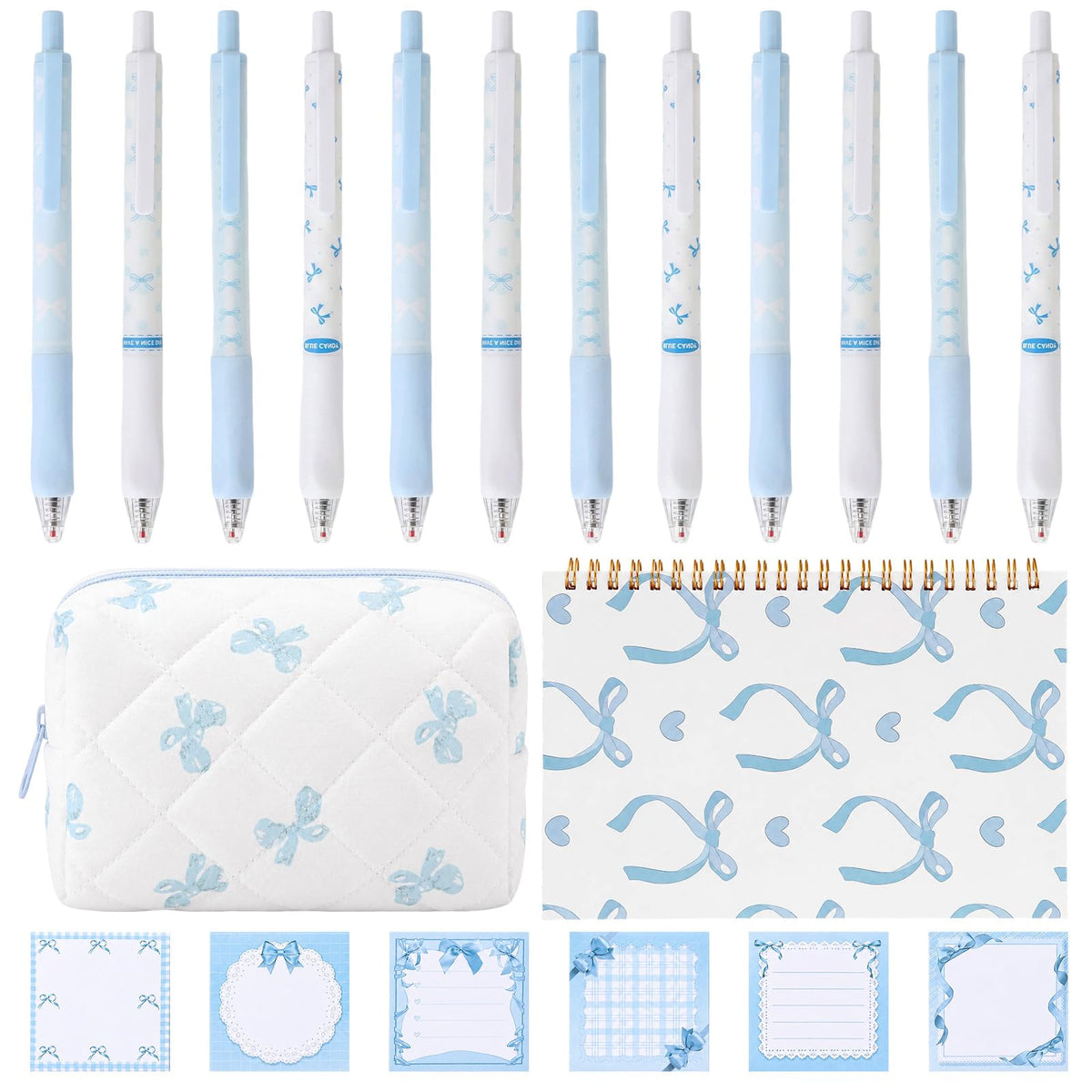 Poola Voidra 20 Pcs Blue Bow Stationery Set, Cute Bow Pen Case, A5 Notebook, 12 Ballpoint Pens, 6 Sticky Notes, Kawaii School Supplies Kit for College Office Back to School Party Favors Birthday Gifts