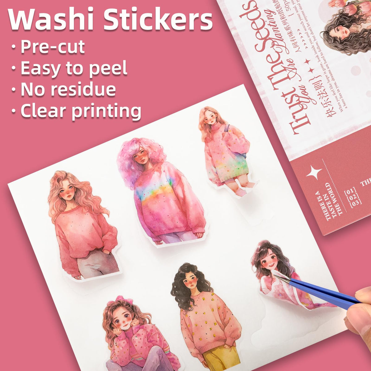 Uideyvi Animated Beautiful Female Themes Sticker Scrapbooking Supplies for Junk Journal, 50 Sheets Washi Stickers - Vintage Journaling Stickers, Ephemera Sticker Book Pre Cut(TZ-005-007)