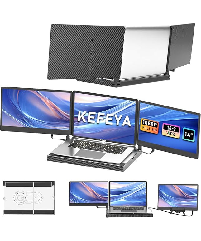 KEFEYA 14'' Triple Laptop Monitor Extender with Metal Base, 360° Rotation 1080P Portable Laptop Screen Extender for 12-17.3'' Laptops-Compatibility for Windows, Surface, MacBook, Switch, Plug & Play