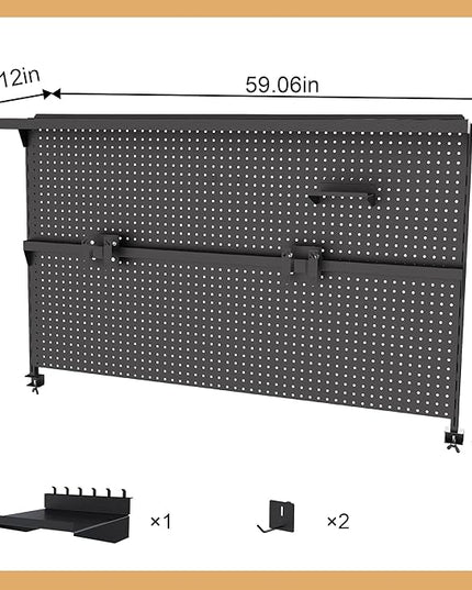 KEIKI Metal Pegboard Desk Organizer with Dual Monitor Stand, 59" x 35" Large Desk Peg Board with Hooks & Movable Panel, Office Organization and Storage Shelf for Gaming or Workstation Setup, Black