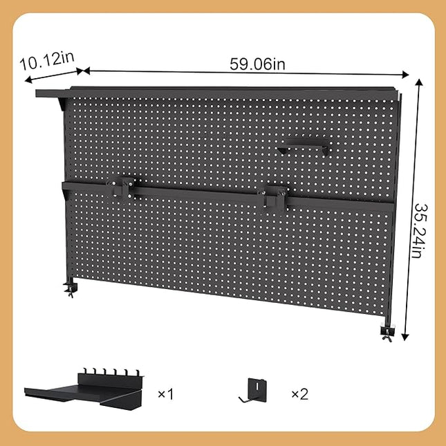 KEIKI Metal Pegboard Desk Organizer with Dual Monitor Stand, 59" x 35" Large Desk Peg Board with Hooks & Movable Panel, Office Organization and Storage Shelf for Gaming or Workstation Setup, Black