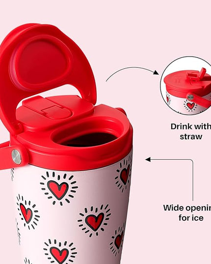 BOTTLE BOTTLE Insulated Tumbler with Handle & Straw Lid, 30oz Stainless Steel Leak-Proof Water Bottle for Hot & Cold Drinks, Add Ice Without Unscrewing, BPA-Free for Travel, Office(Heart Beats)