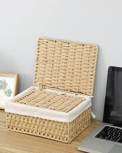 GIB Small Wicker Storage Baskets with Lids and Liner, Rectangular Paper Rope Woven Baskets for Organizing, Decorative Boxes Boho Decor for Shelves Table Desktop Makeup Organizer, Set of 3