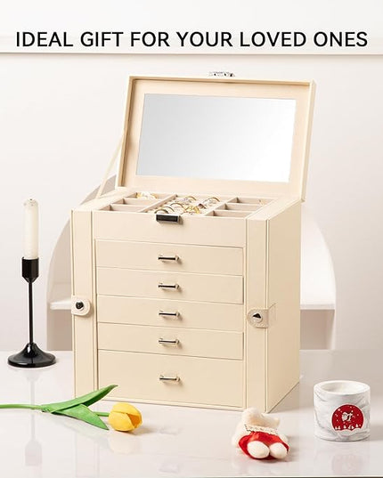Frebeauty Large Jewelry Box,6-Tier PU Leather Jewelry Organizer,Multi-functional Storage Case with Mirror,Accessories Holder with 5 Drawers for Necklace Bracelets Watches(Beige)