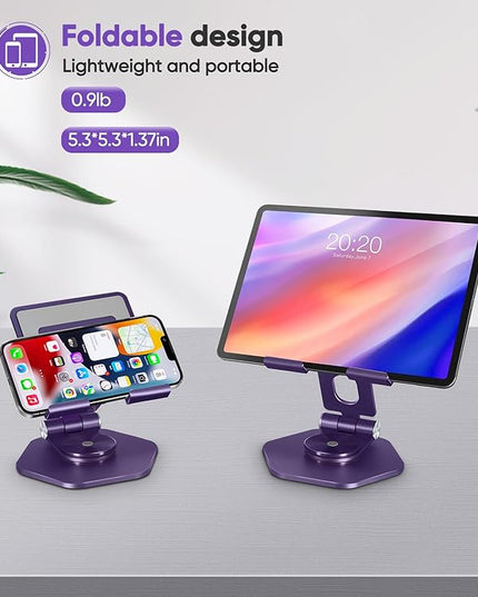 Foldable Aluminum Tablet Stand for Desk, 360° Swivel iPad & Tablet Holder – Portable & Stable Desktop Mount for 5–12.9in Devices, Purple
