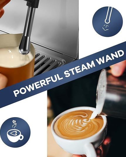 IDEALHOUSE Espresso Maker with Grinder,Milk Frother, 15 Bar Pump, 15 Grind Settings, Digital Display, High Power Milk Frother, Digital LCD Screen, Stainless Steel Coffee Maker for Home and Office