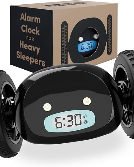 CLOCKY Extra Loud Alarm Clock for Heavy Sleepers on Wheels Rolls Runaway Vibrating Easy To Set Super Smart Snooze Digital Bed Shaker Alarm Clock Funny Gift for Adults Kids Teens Bedroom (Black Wheels)
