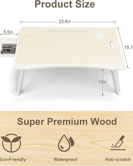 Amaredom Laptop Bed Desk Tray Bed Table, Foldable Portable Lap Desk Notebook Stand Reading Holder with Storage Drawer and Cup Holder for Eating Breakfast on Bed/Couch/Sofa-White Maple