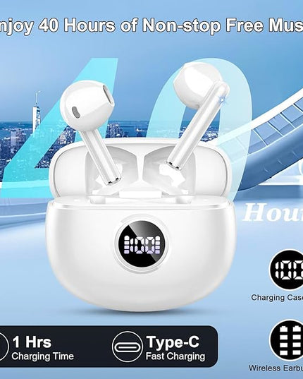 Wireless Earbuds, 2025 Bluetooth 5.3 Headphones HiFi Stereo Ear buds with ENC Noise Cancelling Mics, 40H Bluetooth Earbuds with Dual LED Display, IP7 Waterproof in Ear Earphones for Android iOS, White