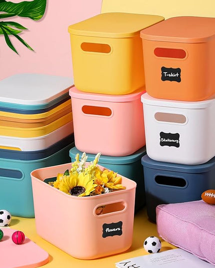 Thyle 12 Pack 7 Quarts Plastic Storage Bins for Christmas Storage with Lids Handles Colorful Stackable Desktop Box Bins with Marker Label for Shelf Drawer,10 x 7 x 6 Inch (Multicolored)