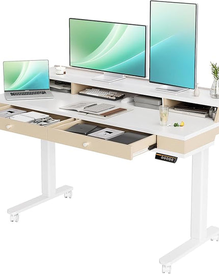 Claiks Electric Adjustable Standing Desk with Drawers, Sit Stand Up Desk with Storage Shelves & Wheels, 55 Inch White