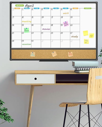 JILoffice Magnetic Calendar Whiteboard & Bulletin Corkboard Combination, Combo Board 36 x 24 Inch, Black Aluminum Frame Wall Mounted Board for Office Home and School with 10 Push Pins