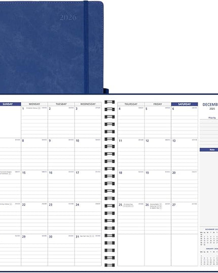 POPRUN 2026-2027 Monthly Planner A4 Size, 16 Months Calendar (Dec 2025-Mar 2027), 2 Pages per Month with Dotted & Lined Note, Monthly Tabs, Spiral Softcover, 2 Inner Pockets - Ink Blue