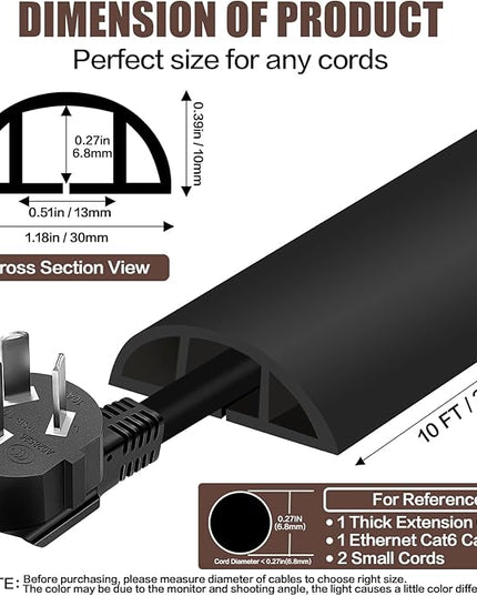 Floor Cord Cover Self Adhesive Cord Hider,10FT Cable Management, Extension Strip Protector for Wires, Prevent Cable Trips for Offices, Gyms, Exhibitions Cavity:0.39"(W) x 0.27"(H) Black