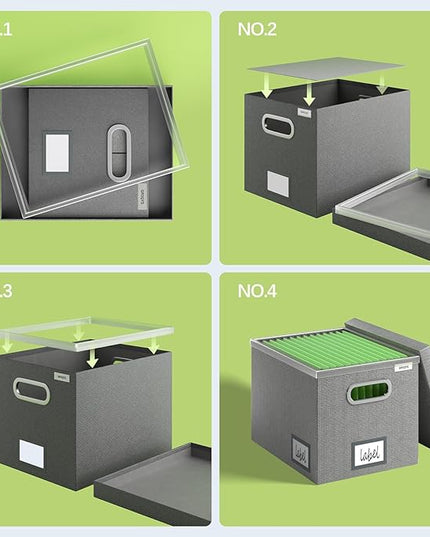 File Organizer Box - File Boxes for Hanging Files with Lid Set of 2 Decorative Hanging Folders Letter Size Organizer with One-Piece Plastic Frame Slides (Grey, 13.2 * 10.1 * 10.1in(2Pack))