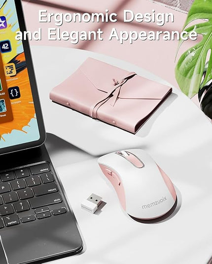 memzuoix 2.4G Wireless Mouse, 1400 DPI Computer Mice with USB Receiver, Portable Wireless USB Mouse Battery Powered Cordless Mice for Laptop, PC, Desktop, 5 Buttons (White Pink)