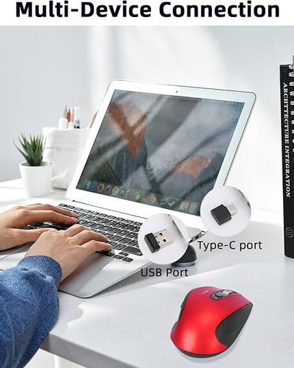 Wireless Bluetooth Mouse with USB A, USB C Receiver, Rechargeable, Multi Device Mouse, Silent, Ergonomic, Full Size, Portable, for iPad/MacBook/PC/Computer/Laptop-Red