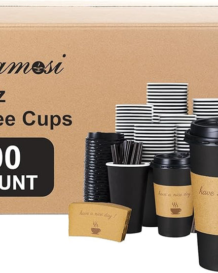 Lamosi 16 OZ Coffee Cups 500 Pack with Lids, Stir Sticks and Sleeves, Disposable Hot Paper Cup for Home, Travel, Office