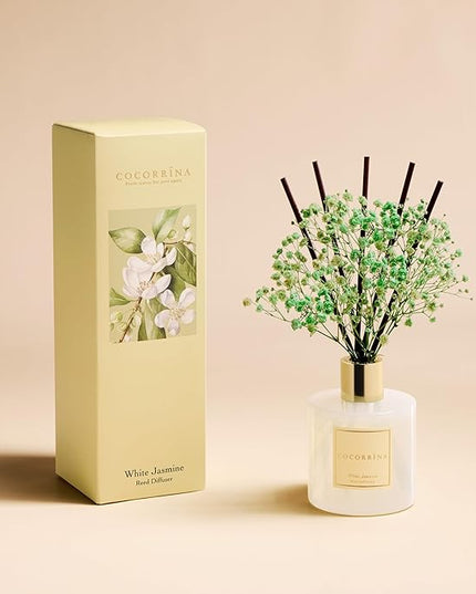 COCORRÍNA Reed Diffuser - White Jasmine 6.7 Fl.oz Reed Diffuser Set with Sticks & Preserved Baby's Breath, Reed Diffuser for Home Bathroom Shelf Decor