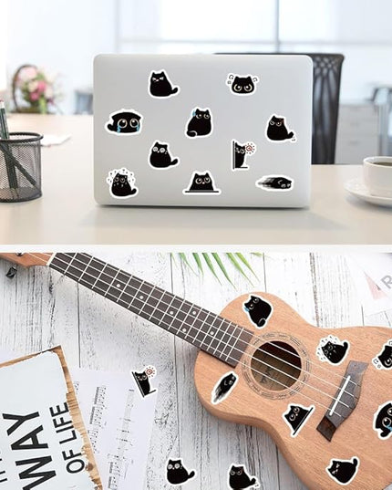 500 Pcs Black Cat Stickers Roll, 10 Styles Cute Cartoon Kitten Sticker, Waterproof Vinyl Cat Party Favors for Journals, Laptops, Scrapbooking Bulk Stickers for School & Birthday Goodie Bags