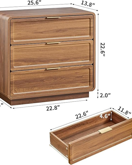 Modern Nightstand Set of 2 for Bedroom, 26'' Wide Wood 3 Drawers Bedside Table, Large Dresser w/Curved Profile Design, Side Table, End Table with Storage Drawers for Living Room, Entryway, Walnut