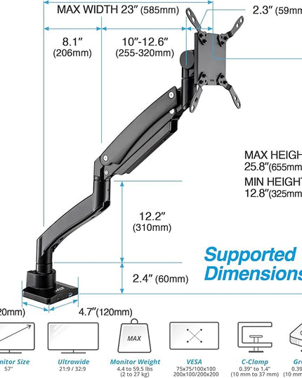 AVLT Single 17"-57" Super Ultrawide Monitor Arm for Screens Up to 59.5 lbs, Premium Aluminum Desk Stand, Adjustable Pneumatic Height, Full Motion Swivel Tilt Rotation, USB-C & USB-A Ports, Black