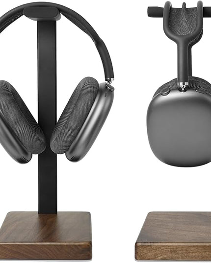 GEVO Headphone Stand Headset Holder - Headset Metal Mount Rack for Desk with Walnut Wooden Square Base for Gaming, AirPod Max, Bose, Sony, Razer, Jabra, JBL