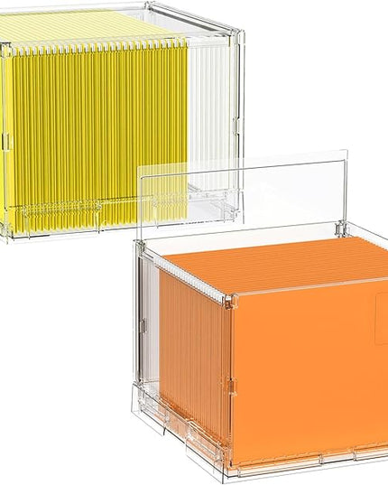 File Organizer Box with Lid,Hanging Filing Folder Organizer for Document Storage with Plastic Slide,Letter-size File Holder Filing Box for Office/Home/Decor/（2Pack）