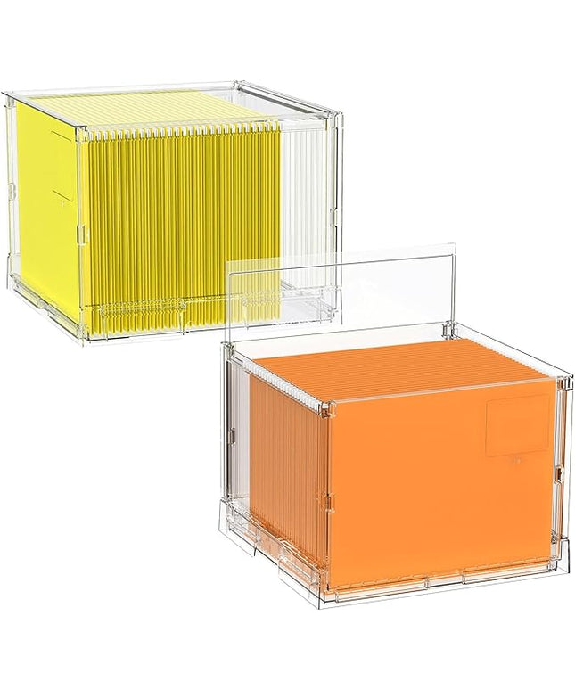 File Organizer Box with Lid,Hanging Filing Folder Organizer for Document Storage with Plastic Slide,Letter-size File Holder Filing Box for Office/Home/Decor/（2Pack）
