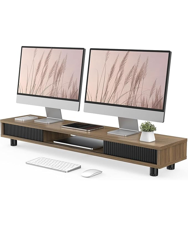 Fenge Dual Monitor Stand, 42.5inch Long Monitor Stands Riser for 2 Monitors, Sliding Door with Storage Organizer Stand for Desk, 2 Tier Desk Shelf for Laptop, Pc, Printer, Computer, TV